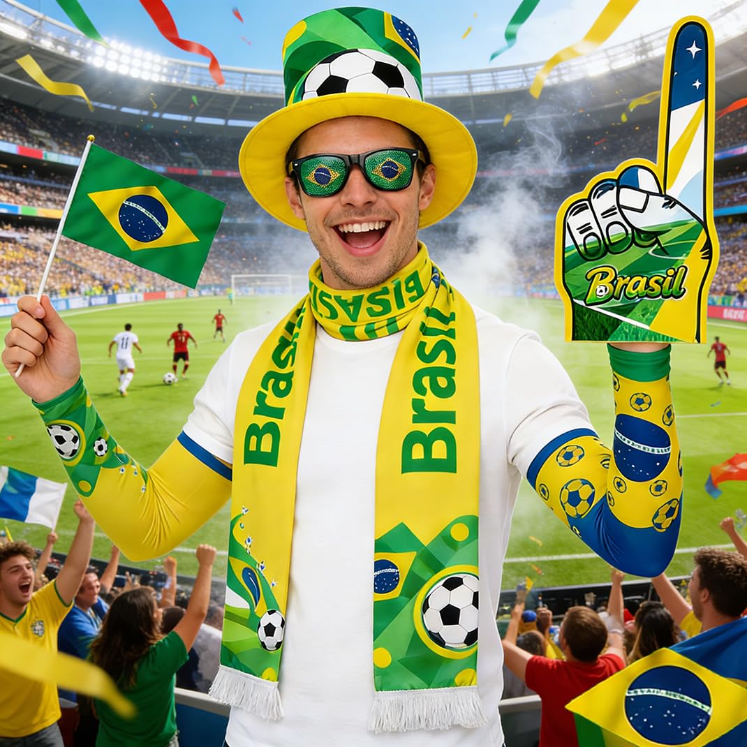 FRoon Kit per tifosi del Brasile, 8 pezzi, accessori per tifosi del calcio: borsa tote, bandiera volante, cappello, sciarpa, occhiali, bastoni da tifo, bastoncini da tifo