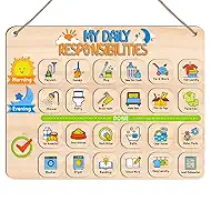 Responsibility Chart for Kids, 2 in 1 Morning Bedtime Daily Routine Chore Chart to Do List, 33 Checklist Tasks Planning, Wooden Visual Schedule Behavior Board for Toddlers Ages 3+, Autism, ADHD