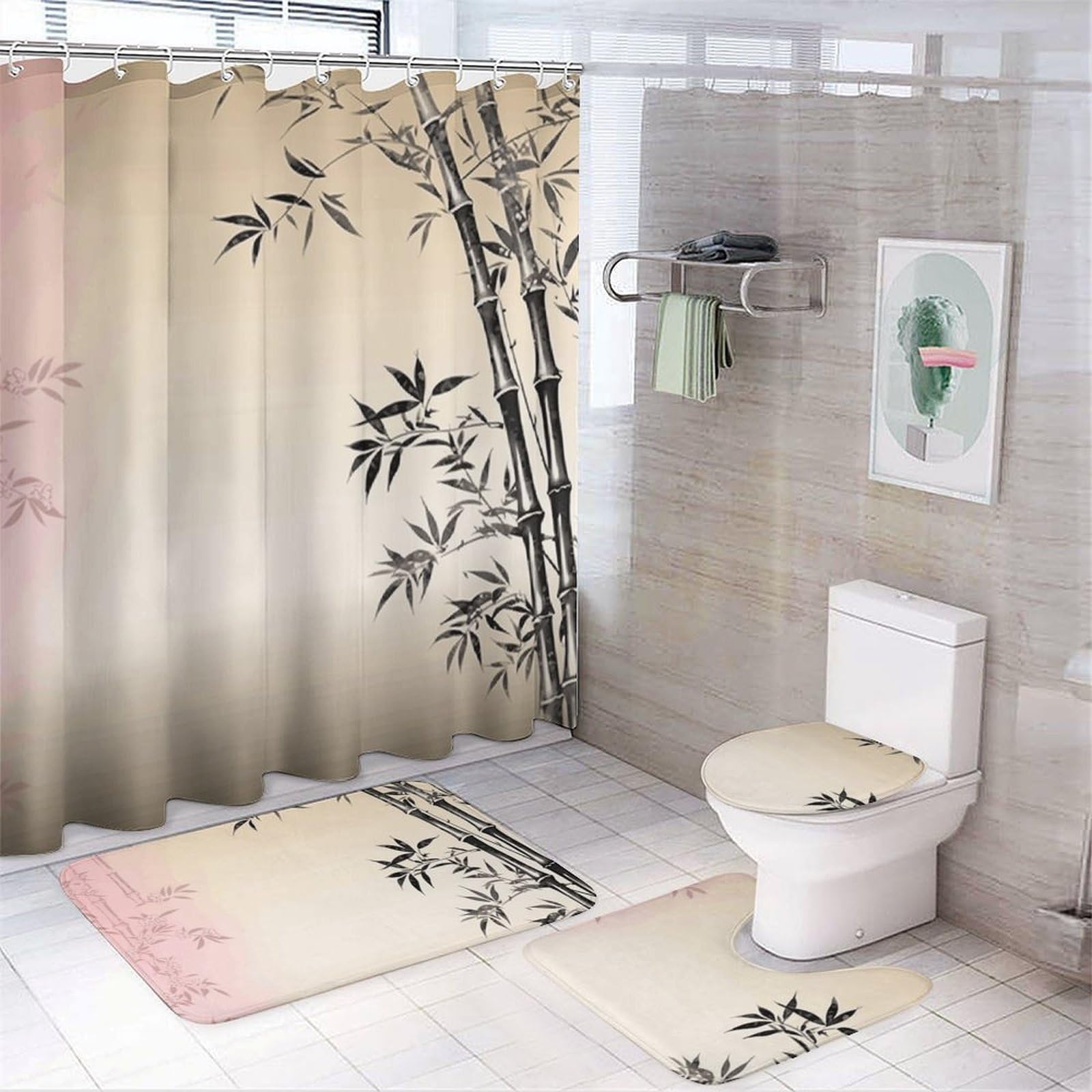 Ensemble 4 pièces de salle de bain fleuri avec tapis et couvre-toilette