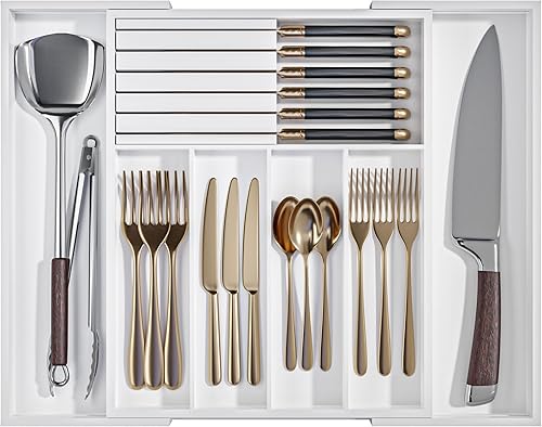 Organizador de cajones de bambú, organizador de cuchillos de bambú, soporte expandible para utensilios de cocina, soporte de cubiertos de 12.8-20.2