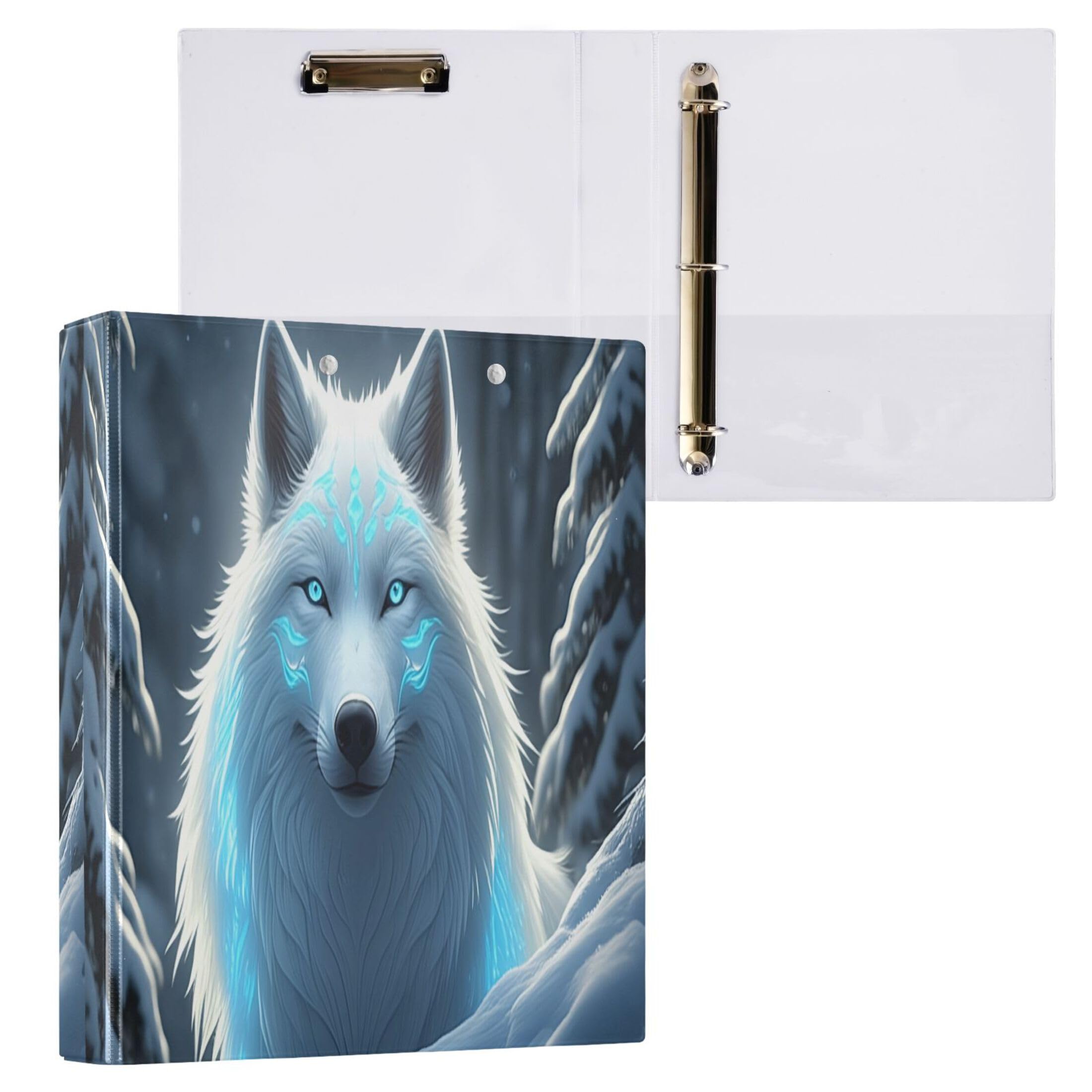 Mystical White Wolf Blue Ordner mit 3 Ringen, 3,8 cm, für 200 Blatt, niedliche Ordner, Portfolio, Blumenmuster, runder Ring, robuster Ordner, 31,5 x 27 x 6 cm, 1 Stück
