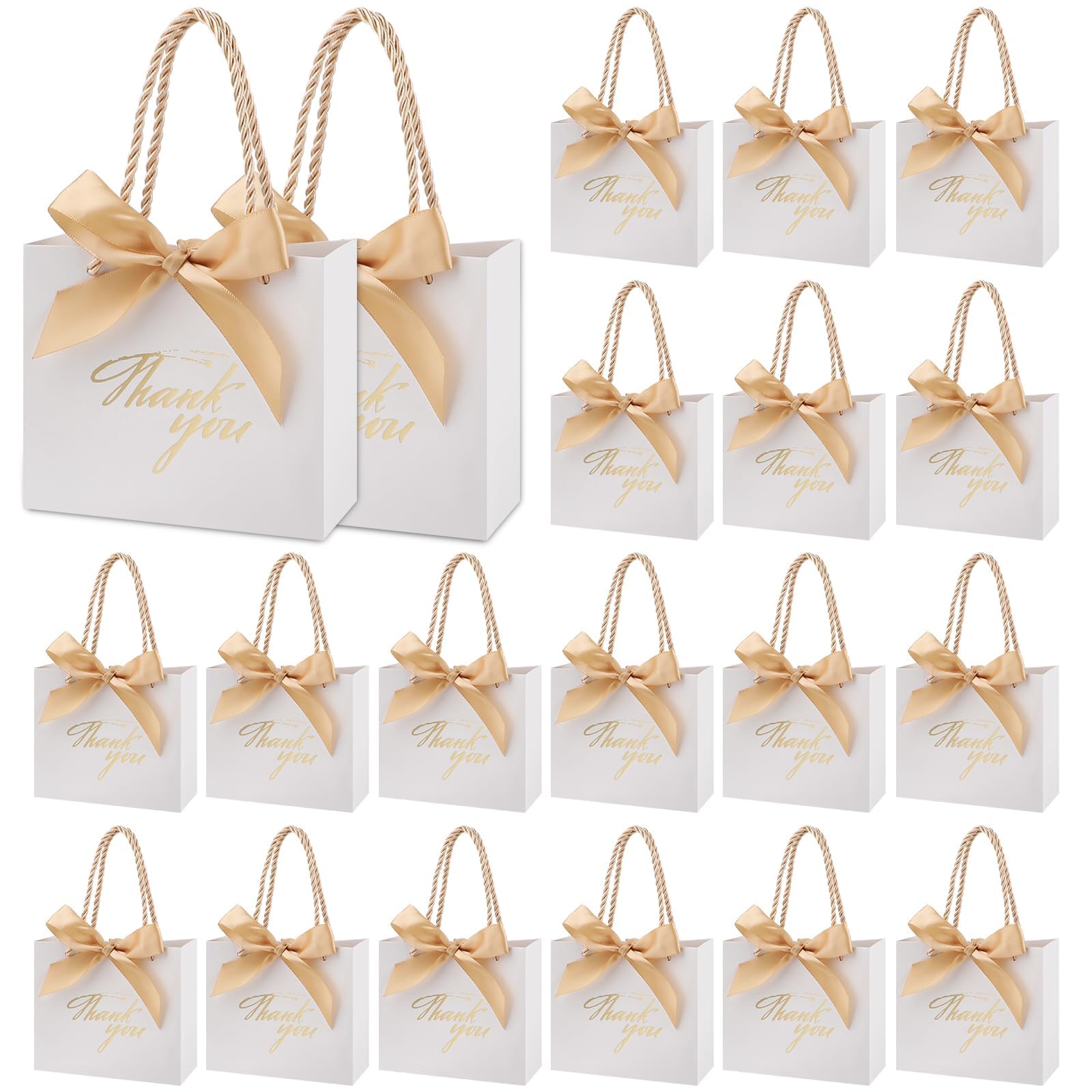 Ktxaby 20PCS Small White Thank You Gift Bags 14x6x12cm with Handle and Gold Bow Ribbon Party Favour Bags for Wedding Birthday Baby Shower Mini Paper Bags