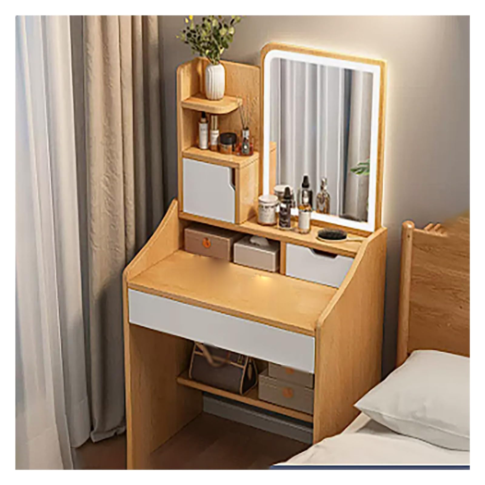 Scrivania da trucco illuminata con regolazione regolabile a 3 livelli con angoli arrotondati, design salvaspazio, 60 cm, ideale per amanti della bellezza e professionisti