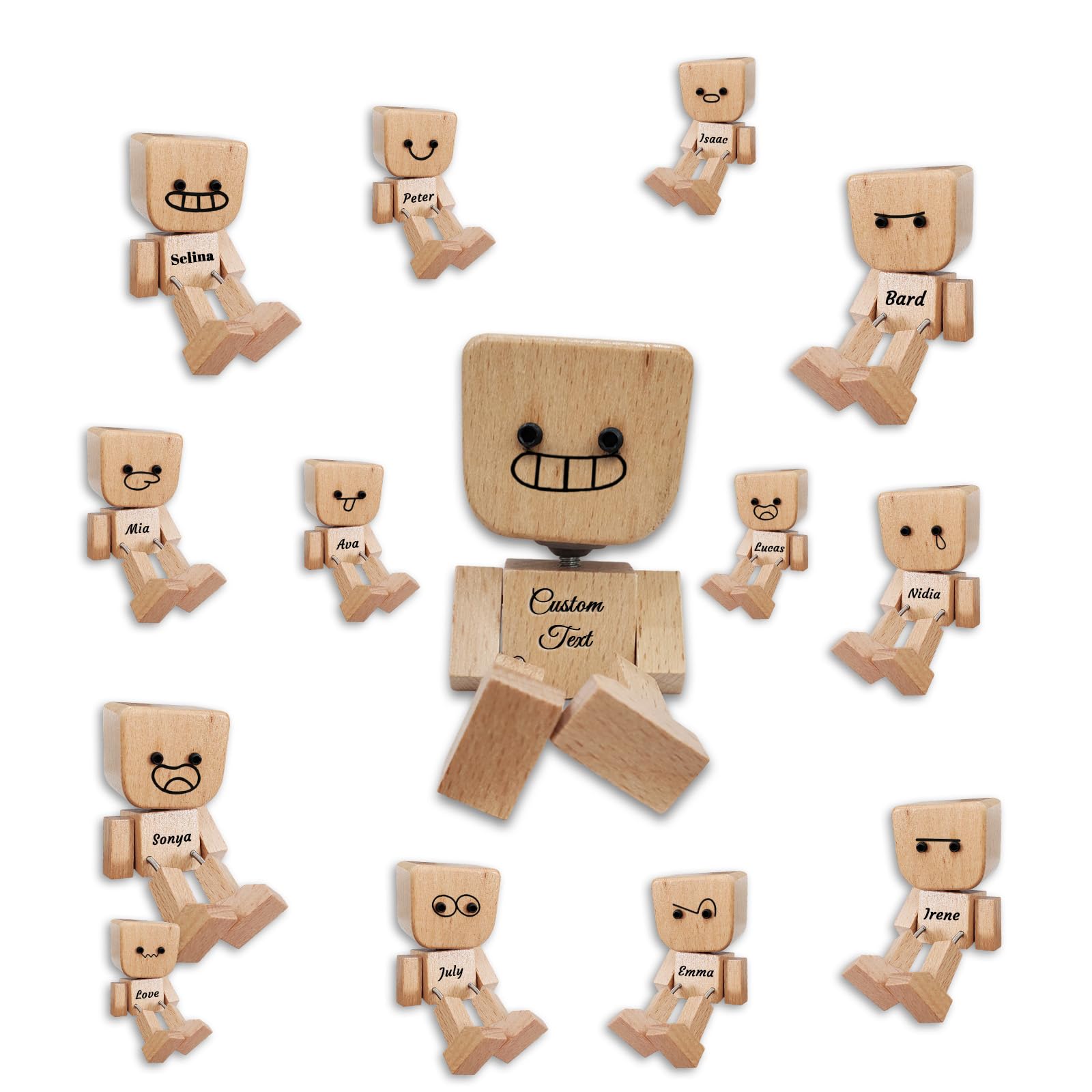 QSZ Custom Shaking Wooden Man Figurine with Name Wooden Man with Wobbly Legs & 12 Magnetic Expressions Personalized Gift for Desk Accessories Car Accessories for Men (shaking wooden man)