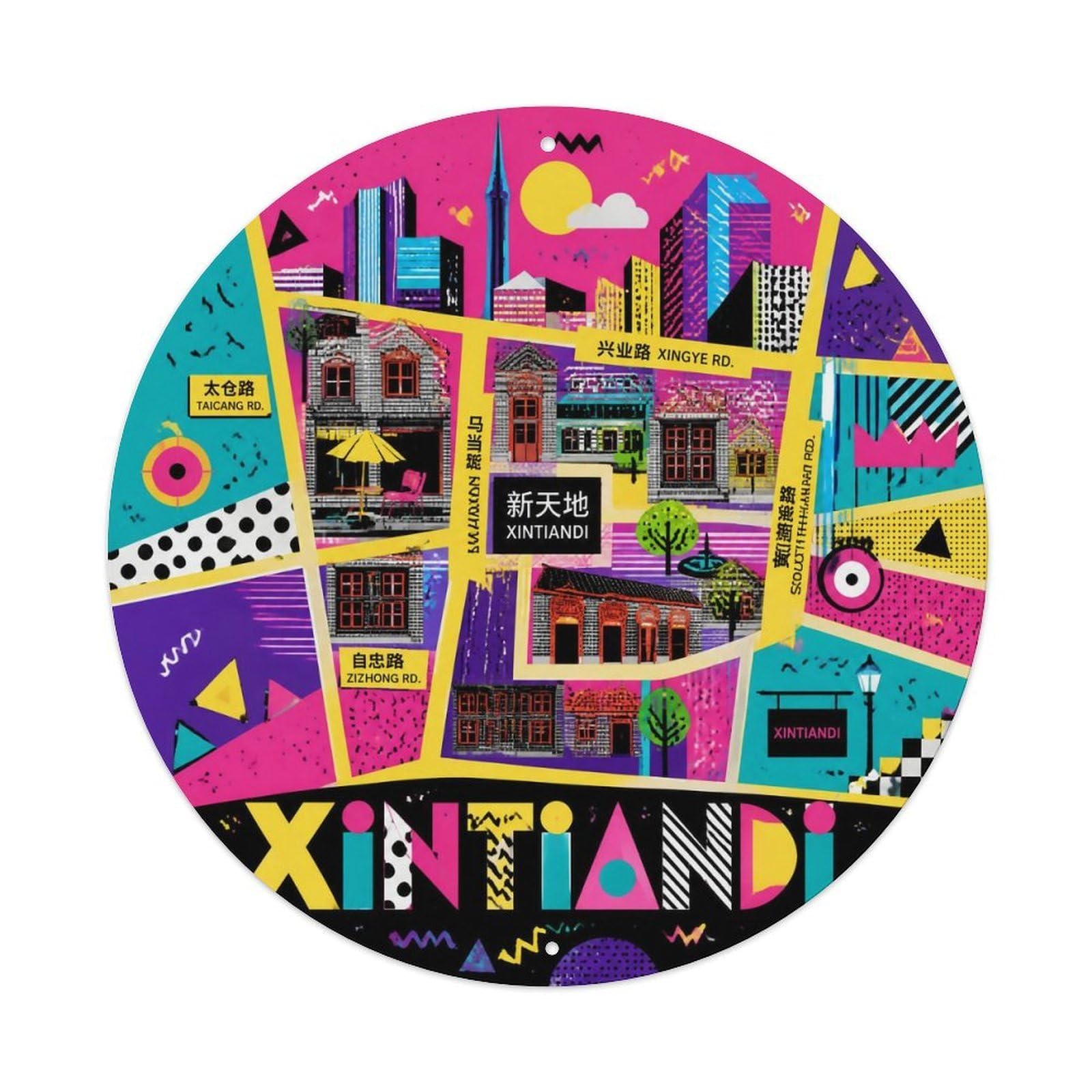 Okngb Style Urban Route Shanghai Xintiandi District Color Blocks Metal Tin Sign Plaque Wall Decor For Cafe, Man Cave, Club Bar, Office, Home Garden Round Metal Poster 8X8inch