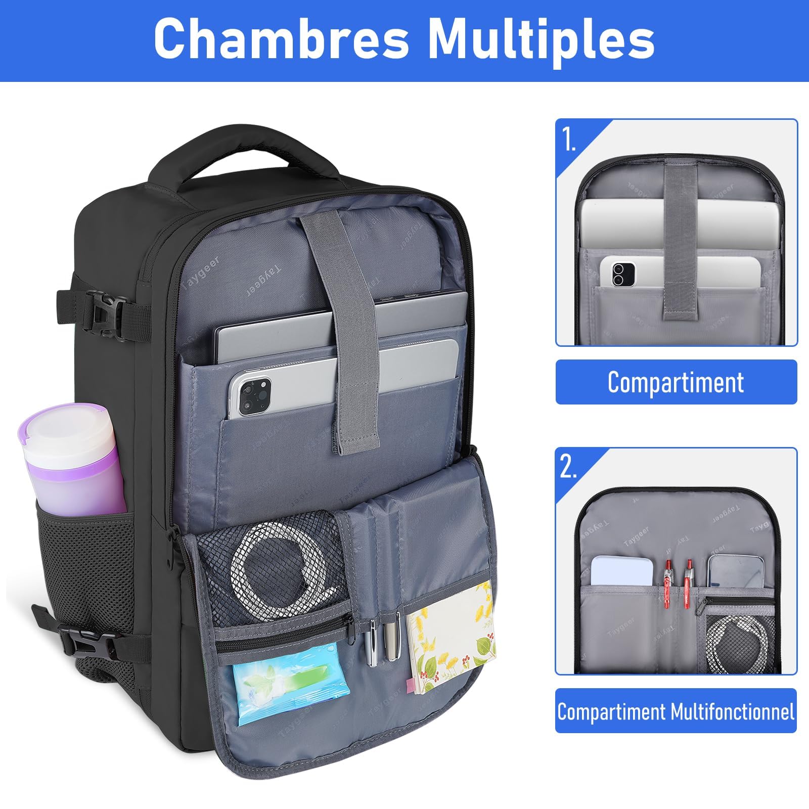 Taygeer Bagage Cabine 40x30x20 Ryanair, Sac a Dos Voyage Cabine Avion 40x30x20 Comme Cadeau Voyage, Imperméable Valise Cabine Bagage à Main, avec Sac à Chaussures, Homme Femme, Campus, Noir