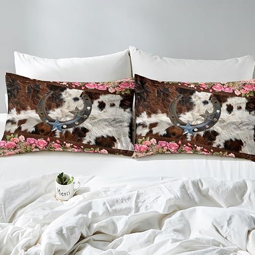 Miniatura 4 de Manfei Juego de funda de edredón de herraduras tamaño matrimonial, juego de ropa de cama de flores rosas rosas de 3 piezas para niños y niñas,