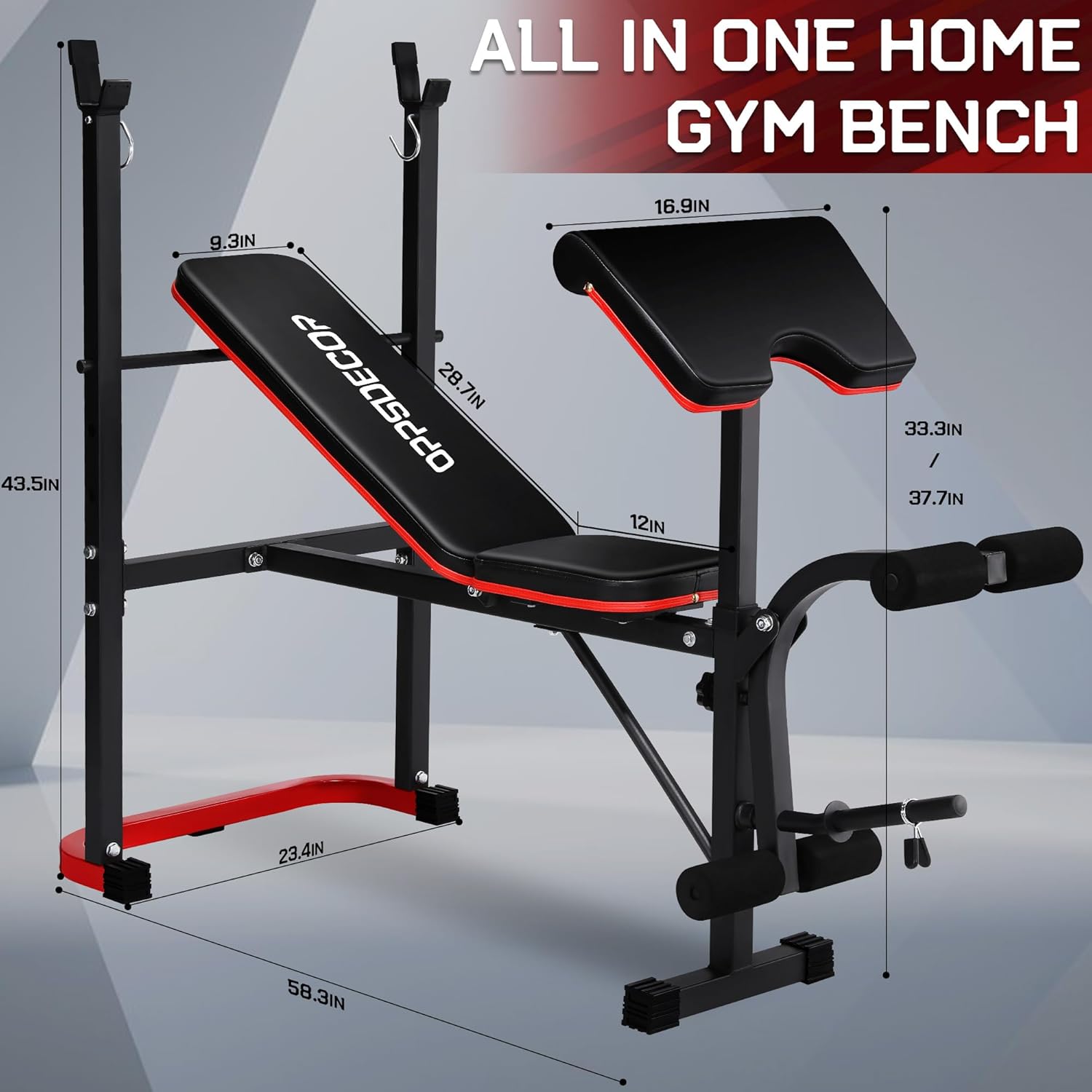 Technical diagram displaying the dimensions of the OPPSDECOR Standard Weight Bench Set.