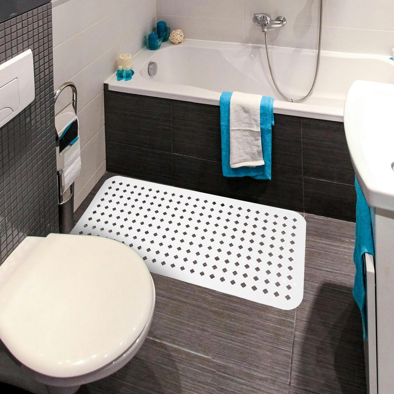 WOONEKY Alfombra de Baño Color Blanco Antideslizante Esterilla Plegable con Ventosas y Fácil de Limpiar y Moderna para Bañera de PVC para Ducha Segura