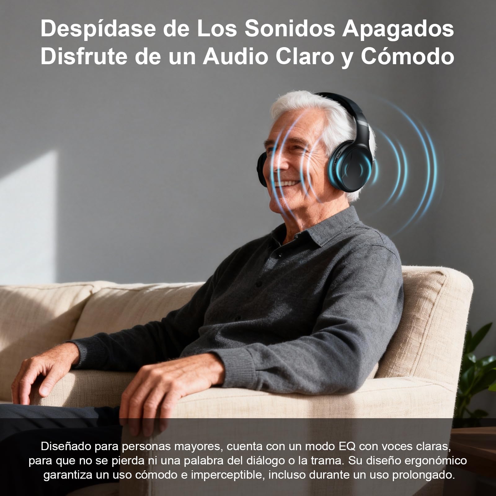 Auriculares Inalámbricos para TV, Auriculares Bluetooth y 2.4G de Modo Dual con Caja Transmisora, 5 Preajustes de Ecualizador con Diálogo Claro, Cascos para TV o Viajar, Negro