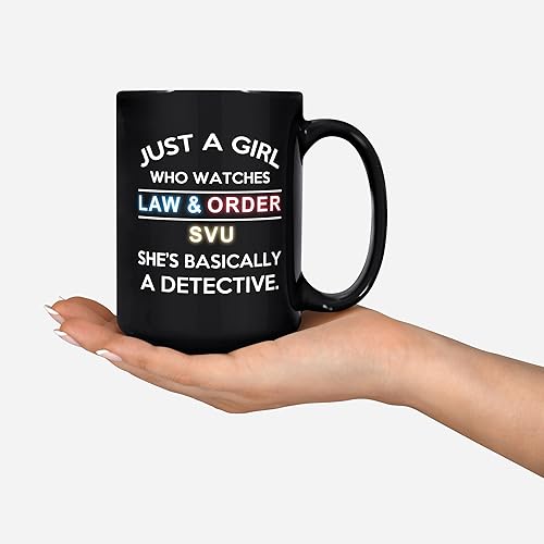 Miniatura 3 de Taza de café con texto en inglés Just A Girl Who Watches Law And Order Svu She Basically A Detective, regalo de Sniperusa (11 onzas, negro)