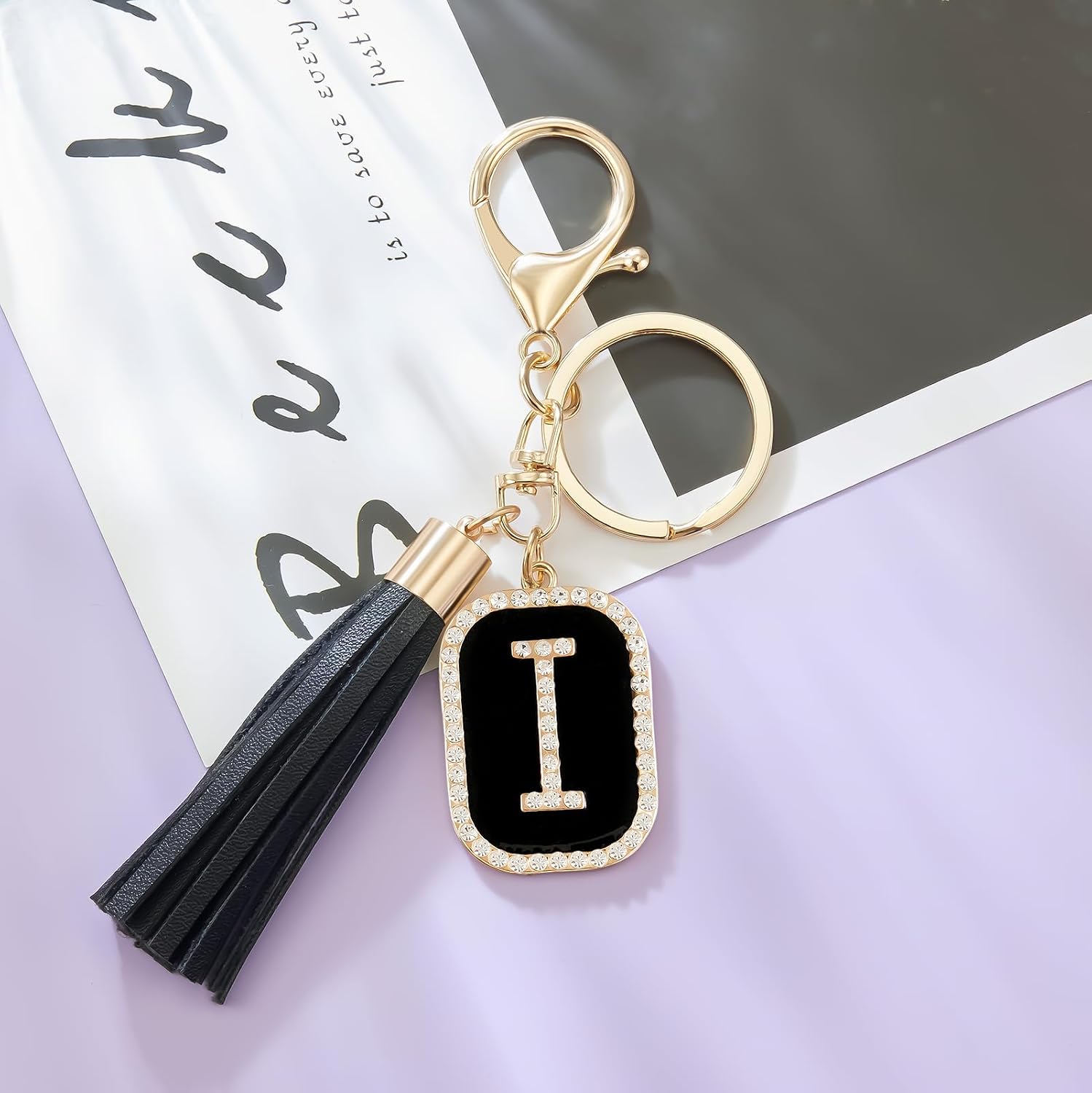 Fashion Cubic Zirconia Crystal Alphabet Initial Letter Keychain Tassel Pendant Key Ring for Purse Handbags Women Girl image 3