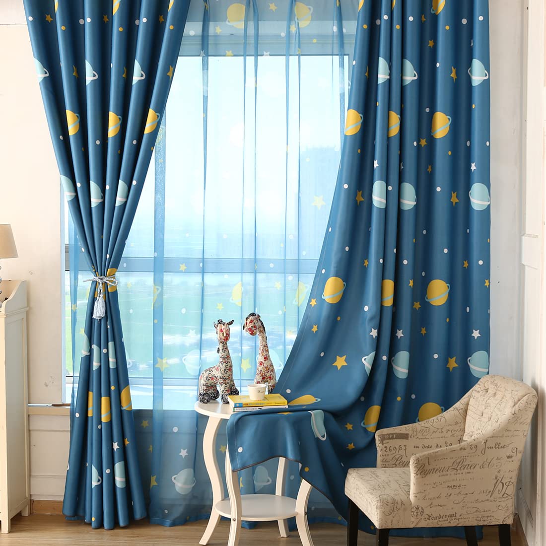GYROHOME Children Kids Planet Print Sheer Curtains Grommet Top Light Filtering Washable Drapes for Kid and Teen, 2 Panels, 52x96inch