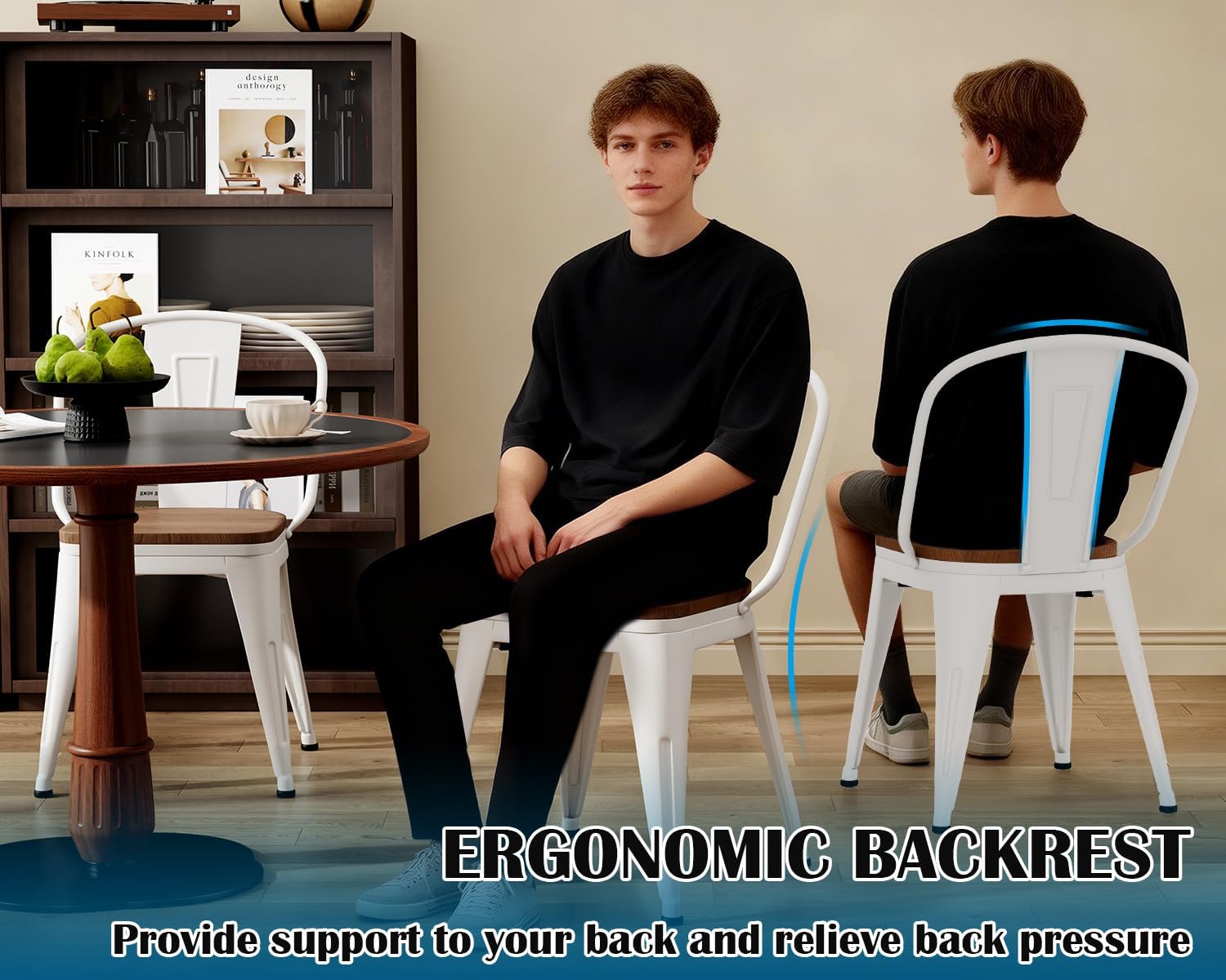 18 Inch Metal Dining Chairs,Arlunar Farmhouse Chairs Set of 4 White Dining Room Chairs Stackable with Back and Wooden Seat bar stools