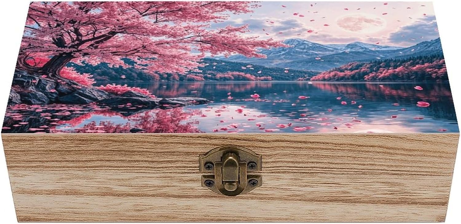 Cherry Blossom Lake View Vintage Wooden Storage Box with Hinged Lid Natural Wood Keepsake Box for Jewelry, Crafts & Gifts Rustic Memory Box Organizer for Home Decor, Rings, Trinkets