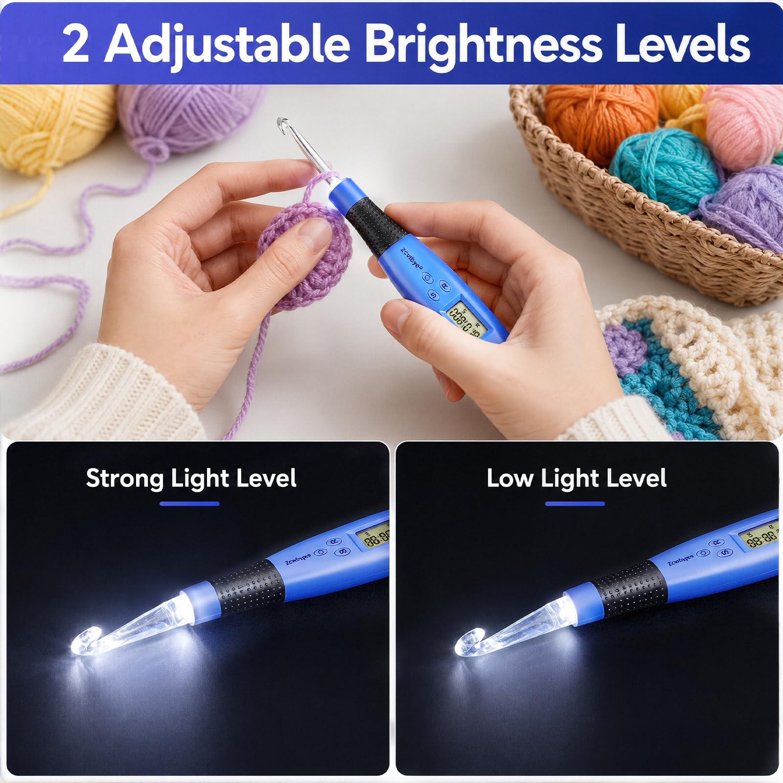 Beleuchtetes Digitale Häkelnadel Set 24 Größen Für Anfänger,2mm-14mm,Blau | Häkelnadeln Set Austauschbar,Stich- und Reihenzähler Stricken,Ergonomische Beleuchtete Häkelnadeln2.5,3.5,4,6,8