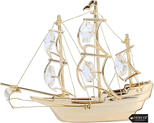 Miniatura 6 de Matashi Adorno de barco de mayflower altamente pulido chapado en oro de 24 quilates, figura con tachuelas de cristal, pieza de exhibición de mesa