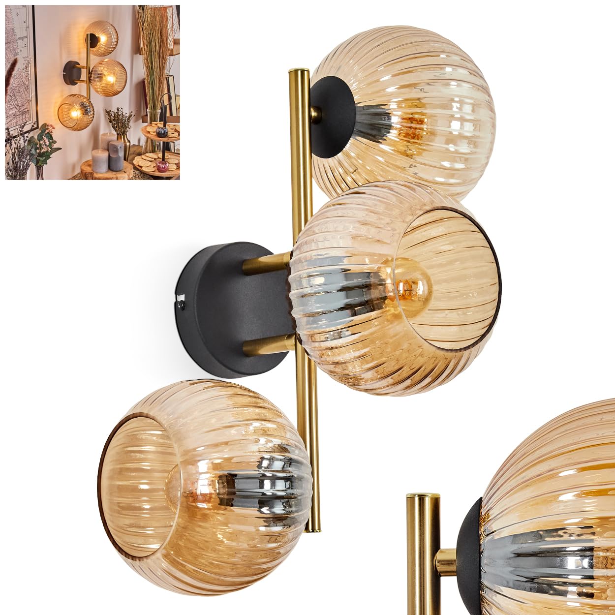 HOFSTEIN Wandleuchte Koyoto, Wandlampe aus Metall/Riffelglas in Schwarz/Gold/Bernstein, Leuchte im Retro/Vintage-Design (Schirme Ø 15 cm), E14, Wohnzimmer, Schlafzimmer, Küche, Flur, Treppenhaus