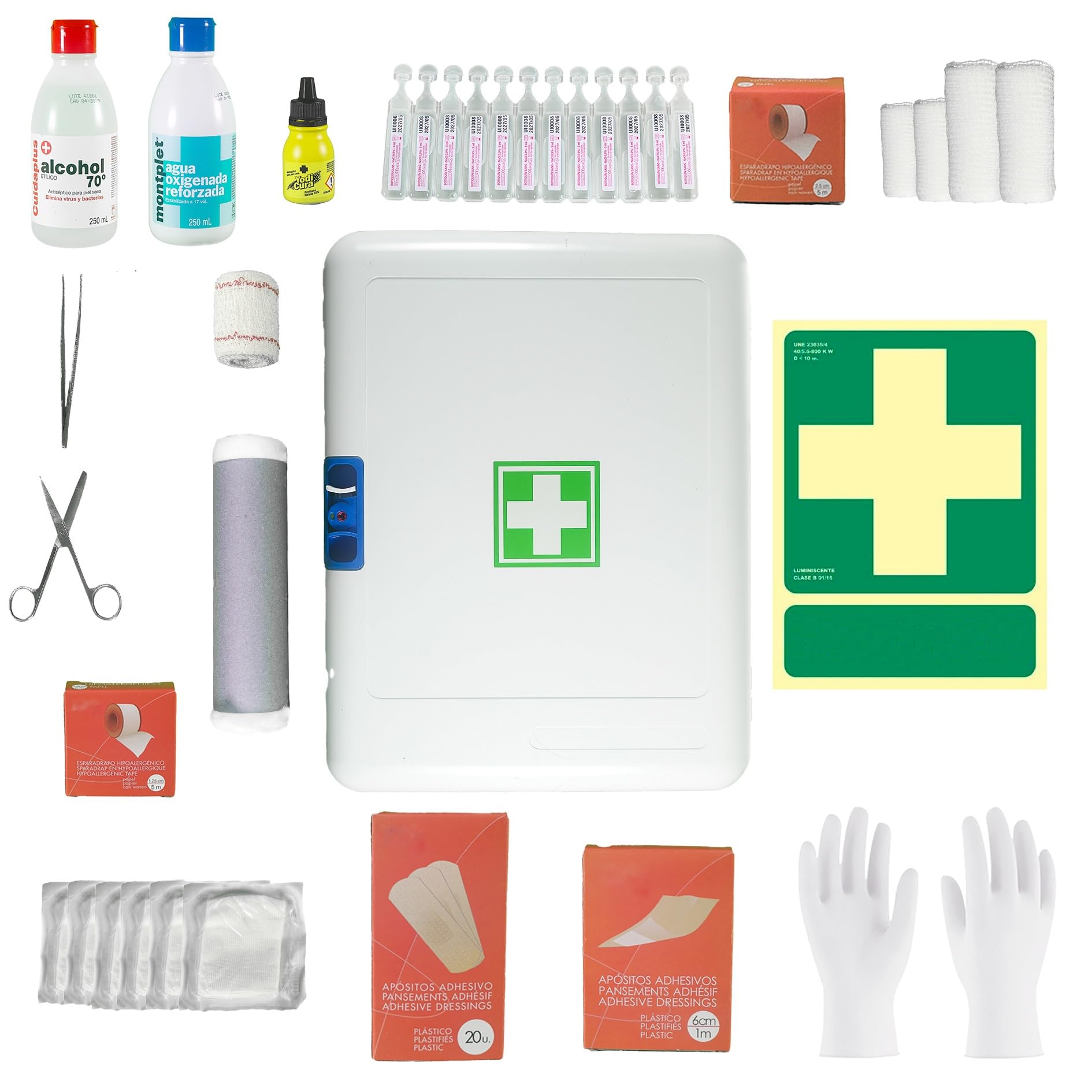 FERRETELIX® Botiquín de Primeros Auxilios Completo con Armario de Pared 40 × 32 × 18 cm – Material Sanitario Incluido y Señal Fotoluminiscente – para Vivienda Turística, Oficina, Empresa y Hogar