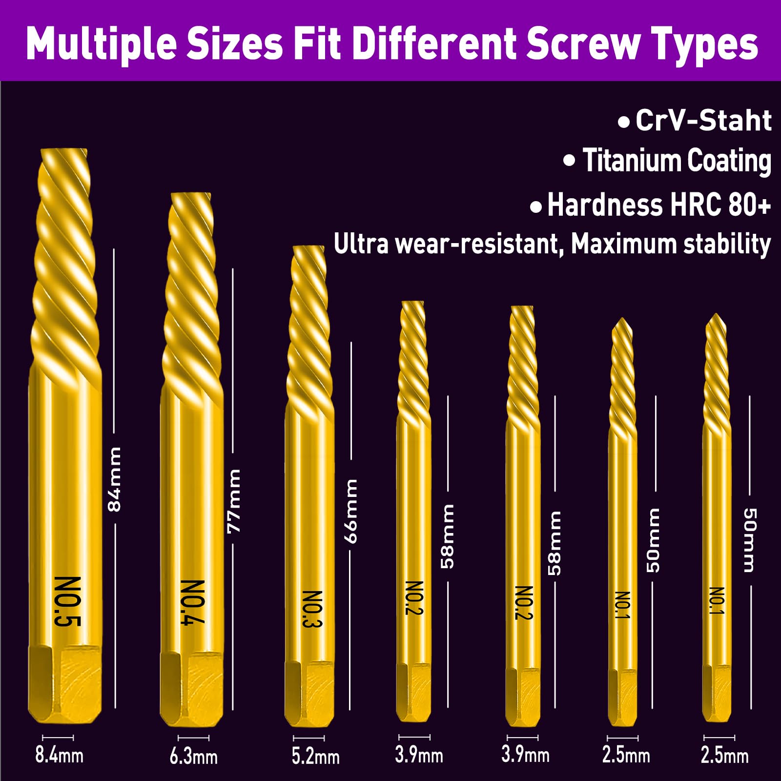 7 PCS Titanium-Plated Screw Extractor Set, Chrome Vanadium Steel, Easy Out Damaged Screw Bolt Extractor Set - Image 4