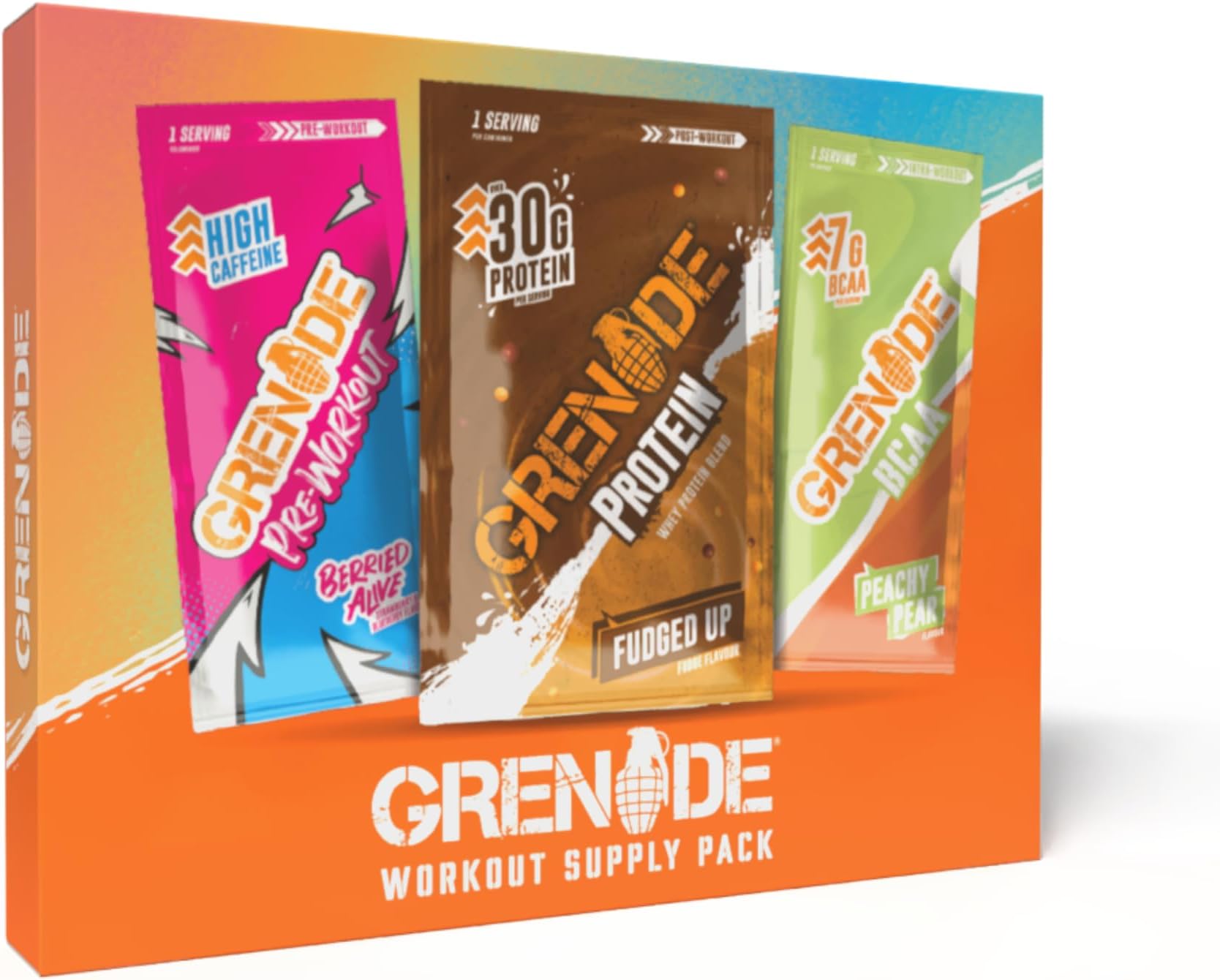Grenade Workout Sample Bundle - Single Serving (16.5 g Berried Alive Pre-Workout, 13 g Peachy Pear BCAA & 40 g Fudged Up Protein Powder)