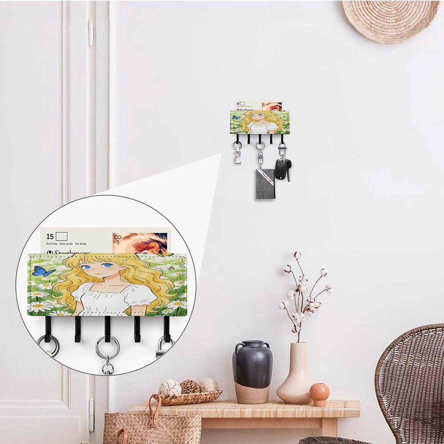 Key Holder Wall Mount Key Hanger with 5 Hooks, Decorative Key Rack | Daisy Hanging Key Hooks with Mail Organizer for Wall Living Room Kitchen Bathroom Hallway