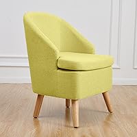 Vista 14 de Bonita silla tapizada color beige con estilo de barril, sofá individual redondo de tela similar al lino de algodón para patas de madera, sala