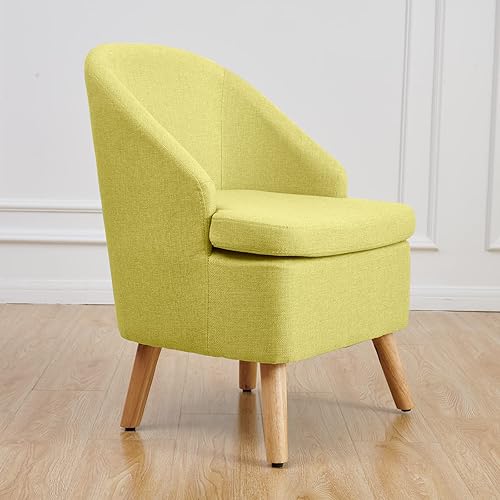 Miniatura 14 de Bonita silla tapizada color beige con estilo de barril, sofá individual redondo de tela similar al lino de algodón para patas de madera, sala