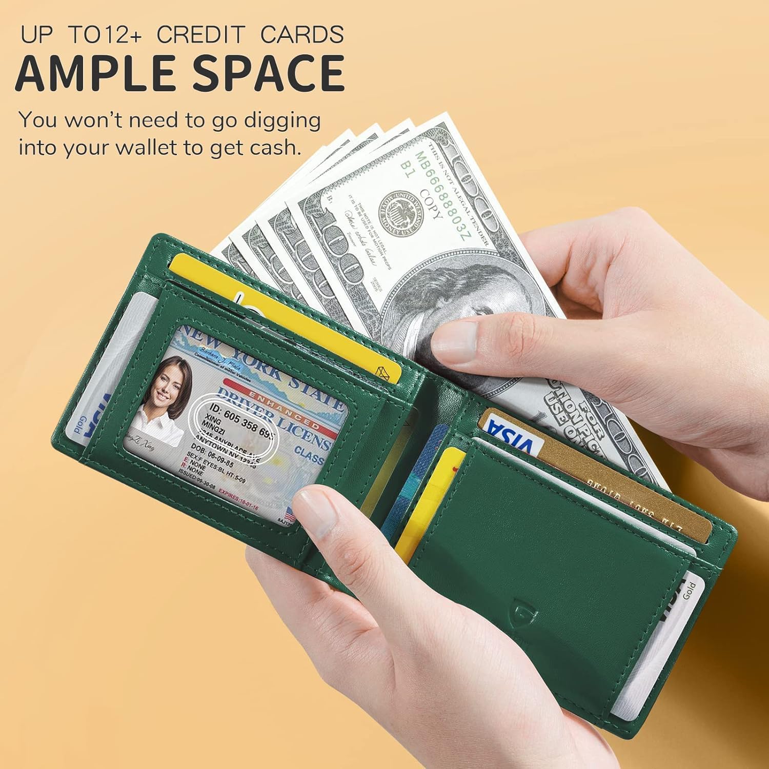 GSOIAX Mens Slim Wallet for Men Minimalist Genuine Leather Carbon Fiber Rfid Blocking Bifold Credit Card Holder With Gift Box (Green and Carbon Black) - Image 2