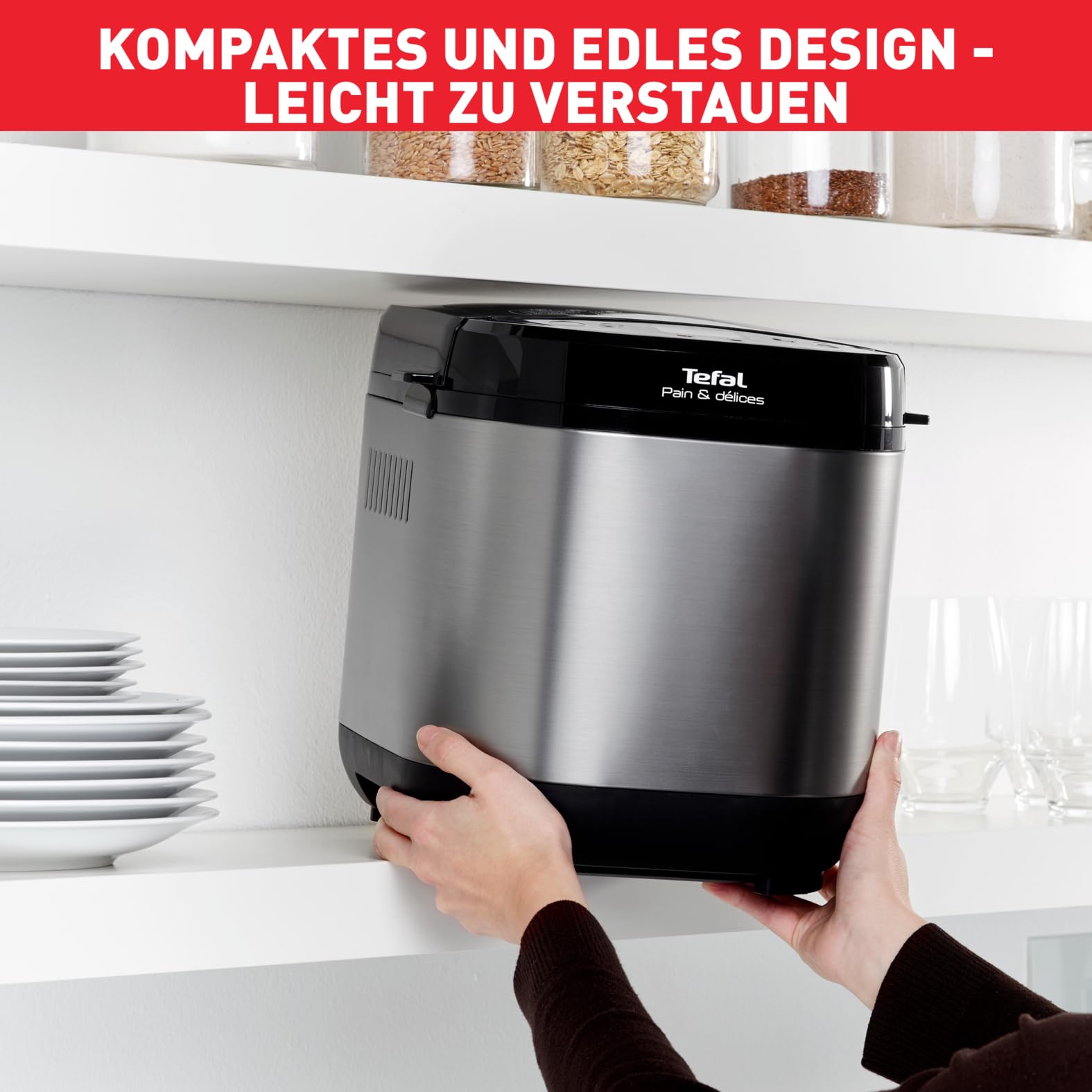 Tefal Brotbackautomat Pain & Délices, 20 Backprogramme, 3 Brotgrößen und Bräunungsstufen einstellbar, auch für Kuchen - Pizza - Nudelteig, Backform antihaftbeschichtet, schwarz/Edelstahl, PF240E