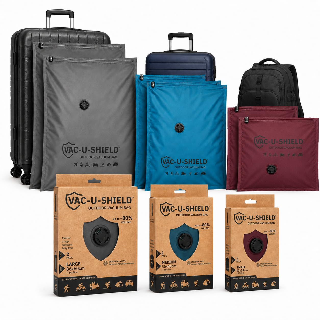 Vac-U-Shield Set 6 Sacchetti Sottovuoto Viaggio Outdoor 3 Misure S M L | 3 misure S M L in tessuto anti-graffio, valvola universale, compressione a mano o con pompa sottovuoto, lunga durata