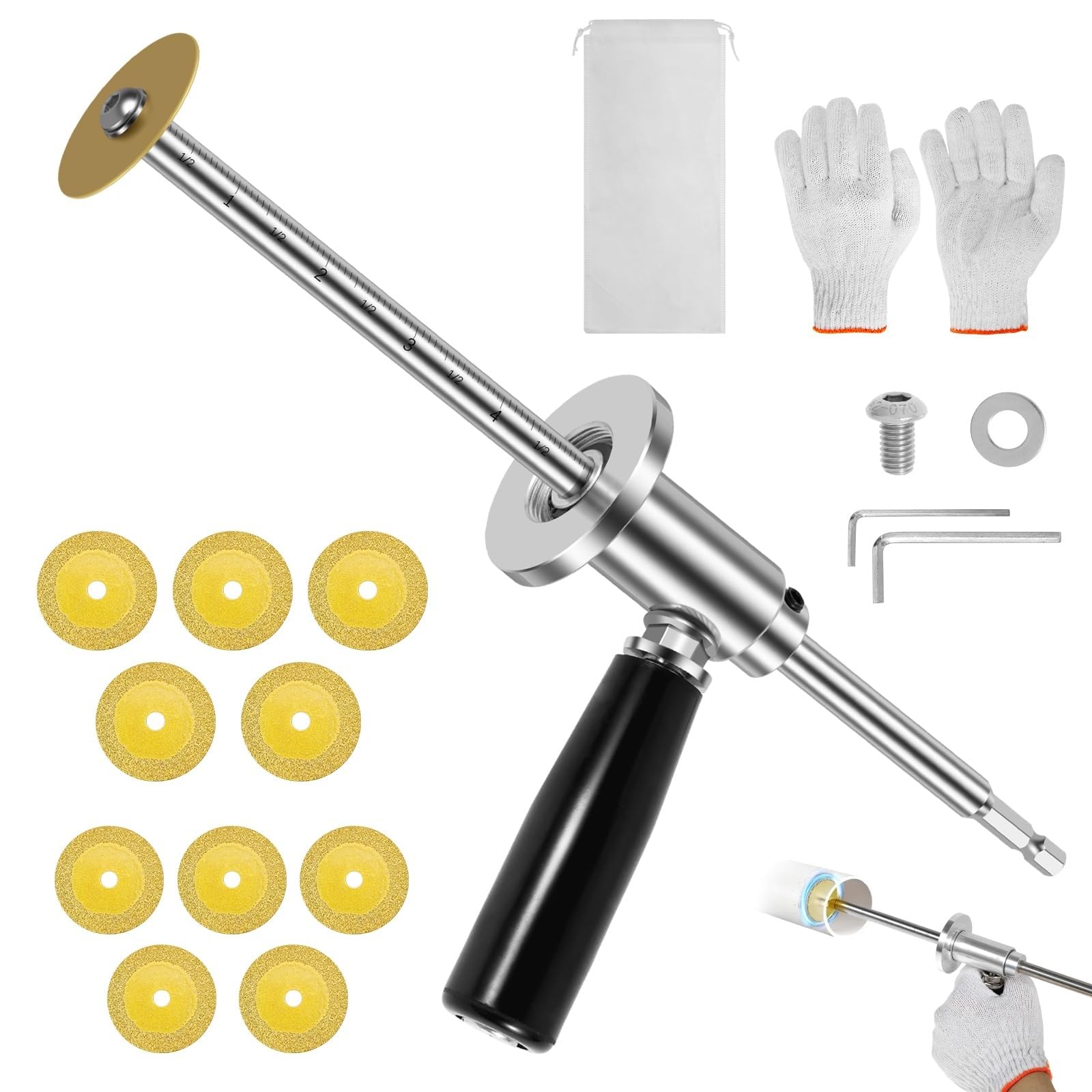 Kit de cortatubos de 7 pulgadas para espacios reducidos: profundidad de corte ajustable, 11 discos de corte de diamante, vástago hexagonal de 1/4"