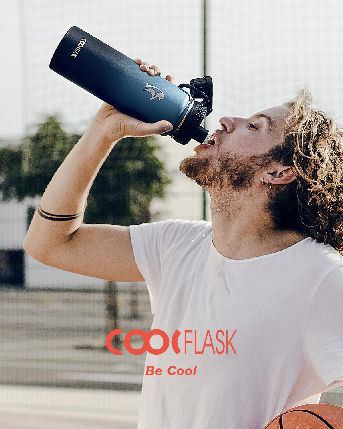 Coolflask Water Bottle 24 oz Insulated with Straw, Stainless Steel Metal 3 Lids Water Flask Wide Mouth for Sports or Office, Non-BPA Keep Cold Up to 48 Hrs or Hot Up to 24 Hrs, Samurai Cyan