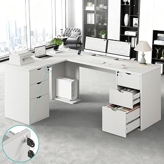 66インチのL字型デスク、6つのロック可能な引き出し付き、ホワイトコーナーエグゼクティブデスク | ホワイト木製L字型オフィスデスク、電源コンセントステーション、CPUスタンド、フルセキュアロックリーガルファイルキャビネット付き