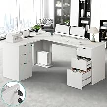 66" L Shaped Desk with 6 Lockable Drawers, White Corner Executive Desk