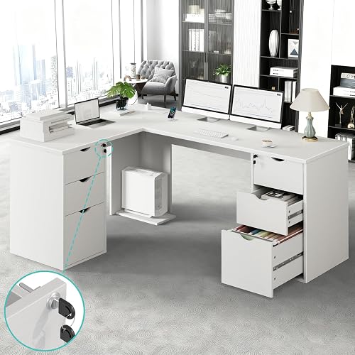 66" L Shaped Desk with 6 Lockable Drawers, White Corner Executive Desk