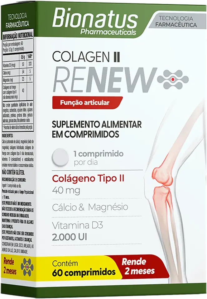Bionatus, Colágen II, Renew, Suplemento alimentar, Colágeno Tipo II 40mg + Vitamina D3 2.000 UI + Cálcio 54mg + Magnésio 23mg, 60 cápsulas • 60 doses, Branco
