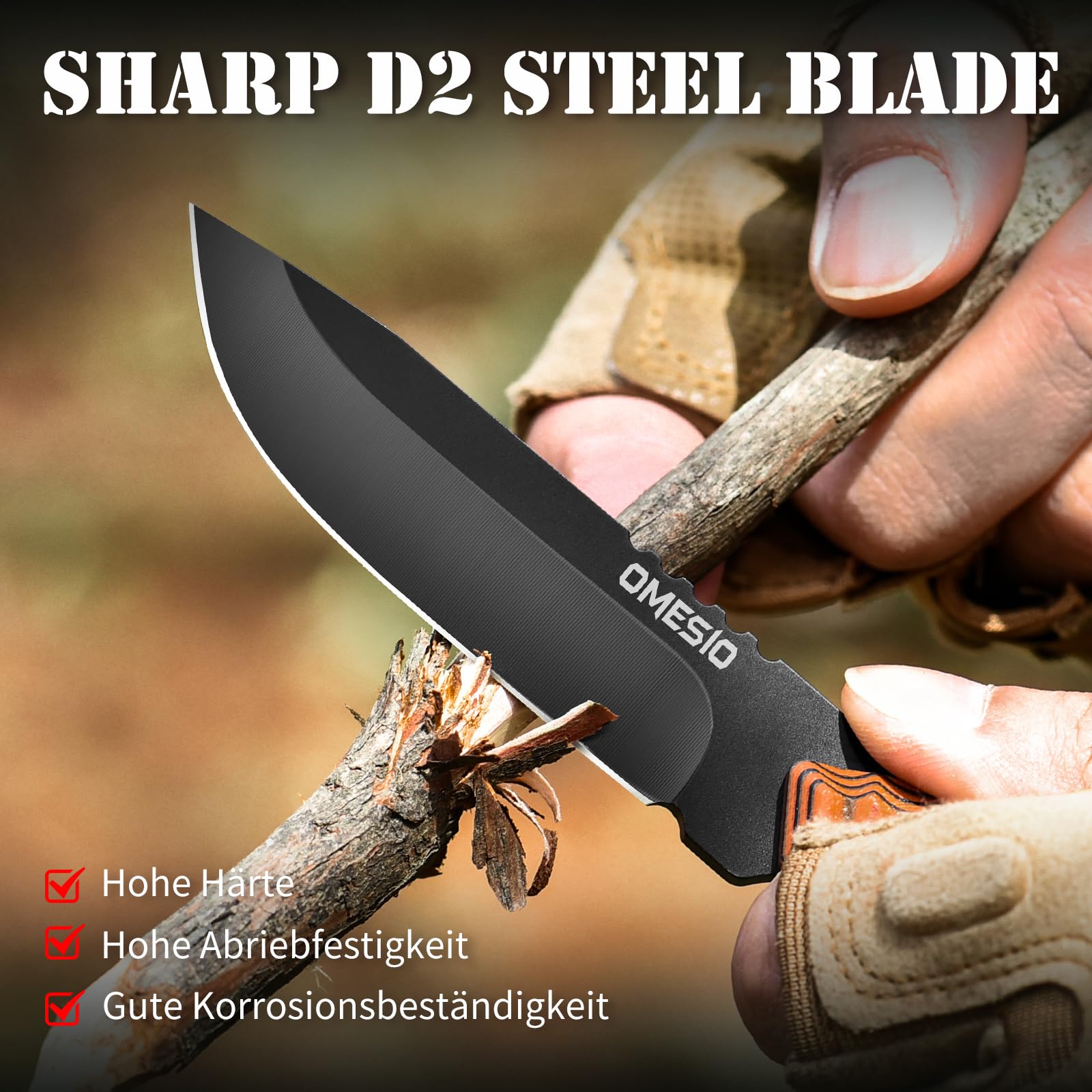 Omesio Outdoor Messer Survival M-FT15, D2 Stahl Full Tang mit Kydex Scheide Gürtelmesser, 9 cm Klingenlänge Kleines Jagdmesser, Schwarzer Klinge + Orange G10-Griff Zweifarbig für Angeln Geschenk