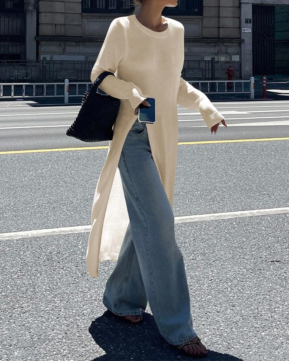 Women Trendy Split Hem Crew Neck Maxi Knit Sweater Casual Loose High Slit Long Sleeve Long Dress Shirt Streetwear - Image 3