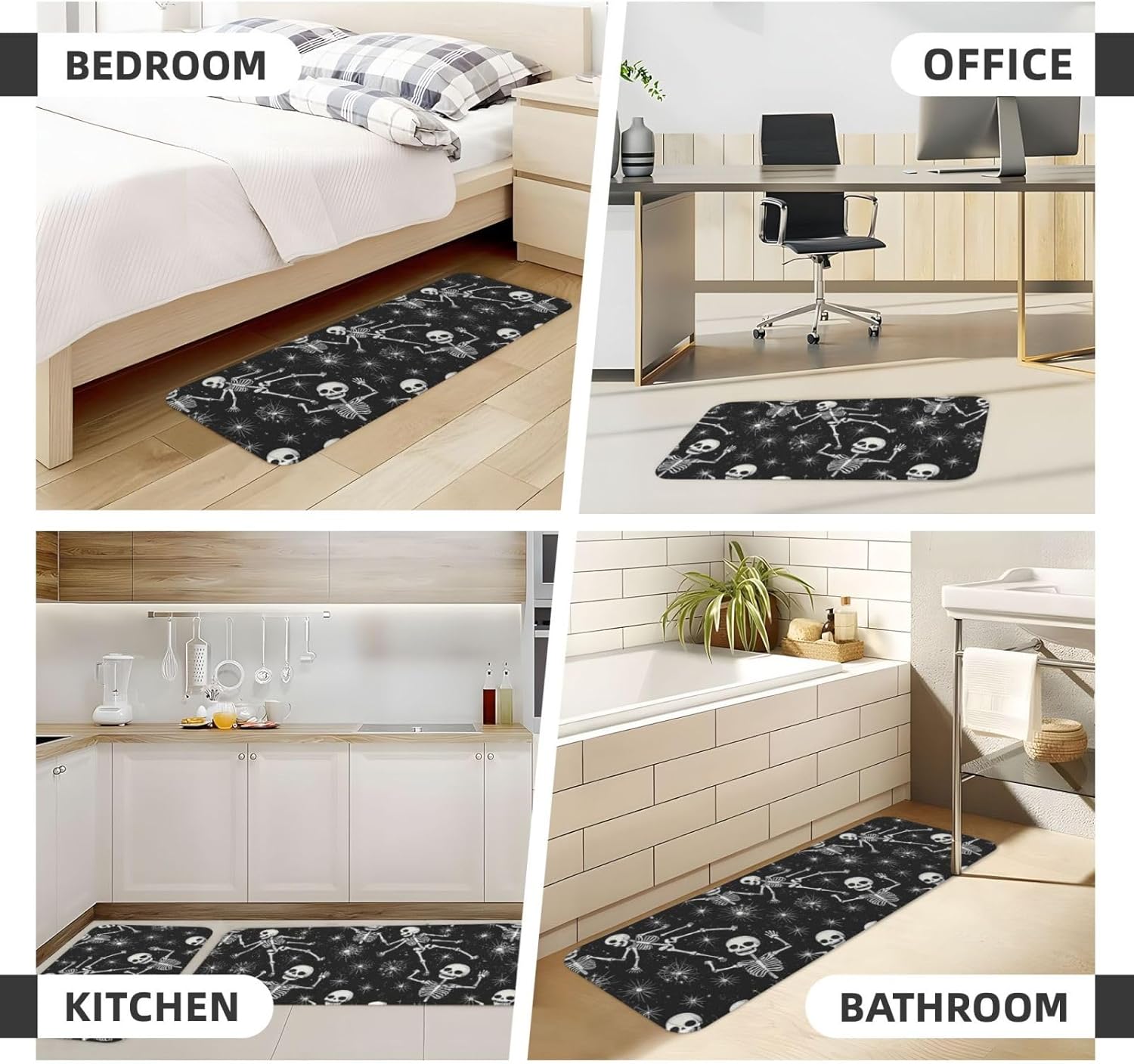 Funny Skulls Print Kitchen Rugs Sets of 2 Non Slip Washable, Anti Fatigue Kitchen Mats for Floor, Home Decor