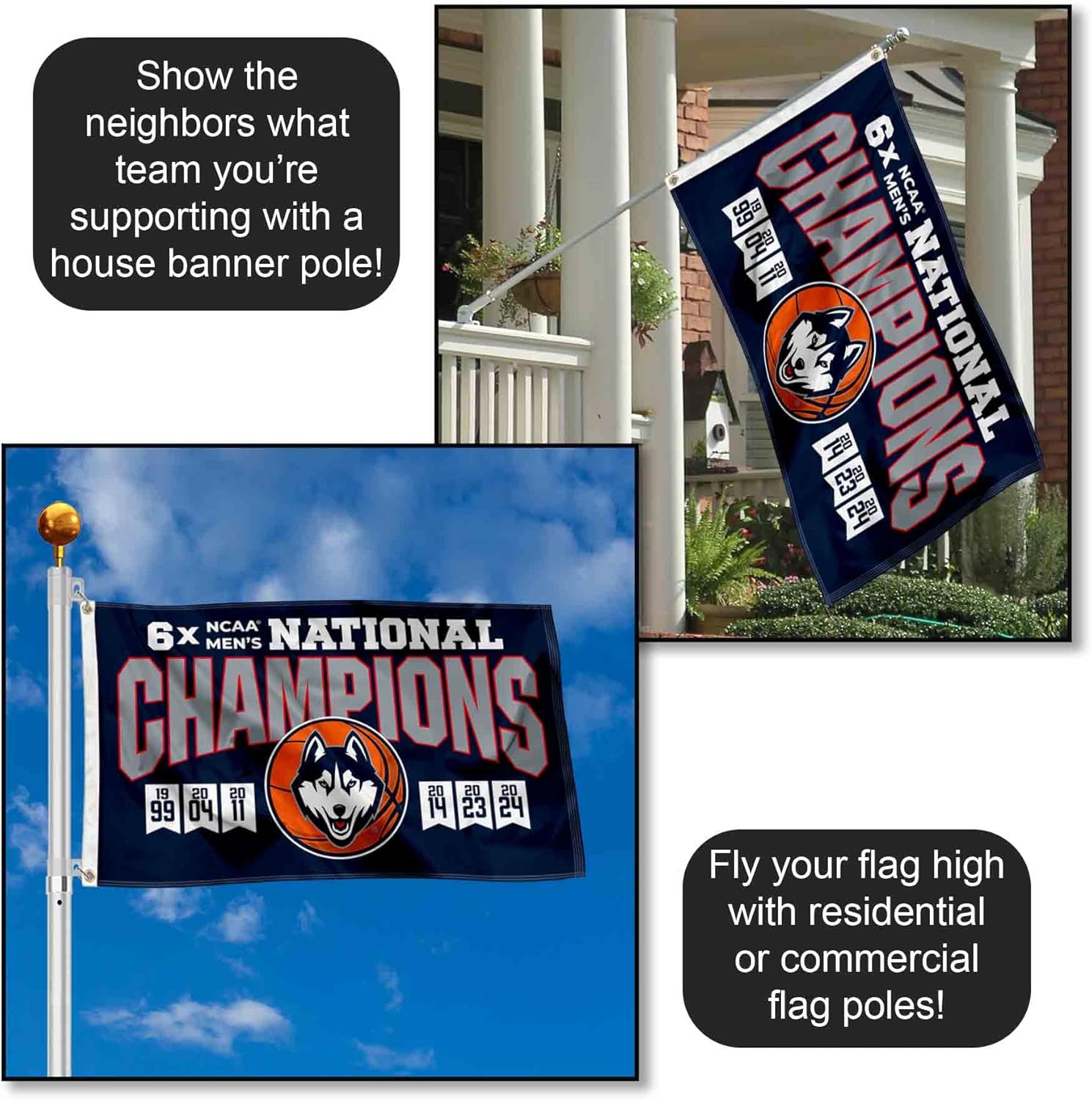 College Flags & Banners Co. Connecticut Huskies 6X Time Basketball National Champions Banner Flag