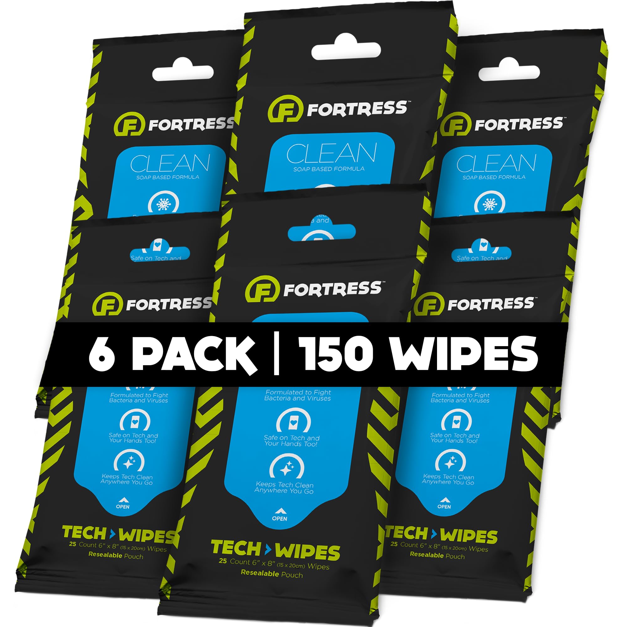 FortressElectronic Wipes (25 ct, Pack of 6) To-Go Tech Wipes for Screens, Phones, Keyboards, TV Monitors, Computer Screens, and More [Travel Size] Skin-Safe Screen Cleaner Wipes, Electronic Wipes