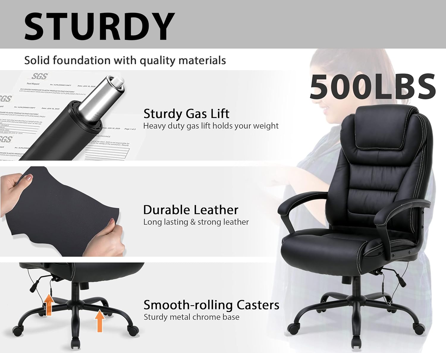 500lbs Heavy Duty Ergonomic Office Chair Adjustable High Back Office Chair Desk Chair Computer Chair with Massage Lumbar Support and Armrests Headrests, Pu Leather Metal Base Office Chairs, Black