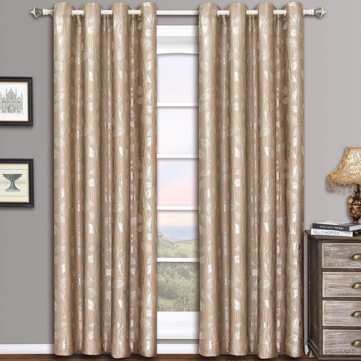 Royal Hotel Bedding Charlotte Mocha Grommet Jacquard Window Curtain Panels, Pair/Set of 2 Panels, 52x108 inches Each