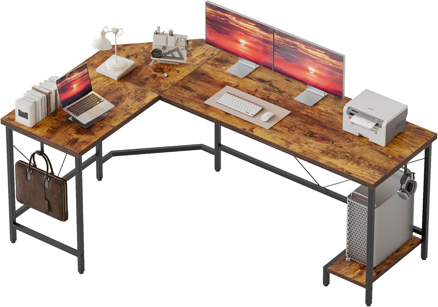 L Shaped Desk for Home Office, Corner Computer Desk Gaming Desk Wood l Desk with CPU Stand, Study Writing Table(CPU Stand, Dark Brown, 50 inch)