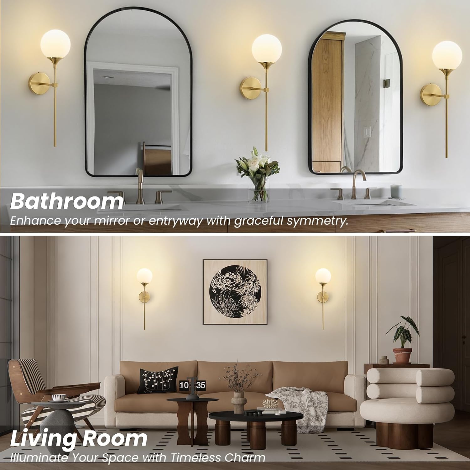 Mid Century Globe Wall Sconce - Set of 2 Modern Milk Glass Round Sconces - Brushed Brass Gold Light Fixtures with Dimmable Bulbs - Ball Indoor Lighting for Bathroom Bedroom Living Room Vanity Decor