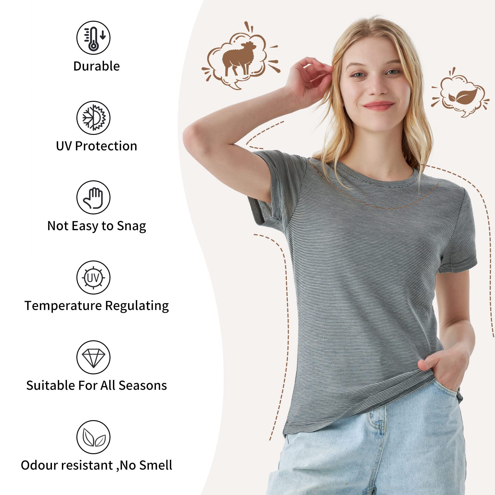 Merino Protect 100% Laine Merinos T-Shirts Femme Col Rond Manches Courtes sous Vetement Résistance Odeur Couche Base pour Voyage Randonnée Tshirt