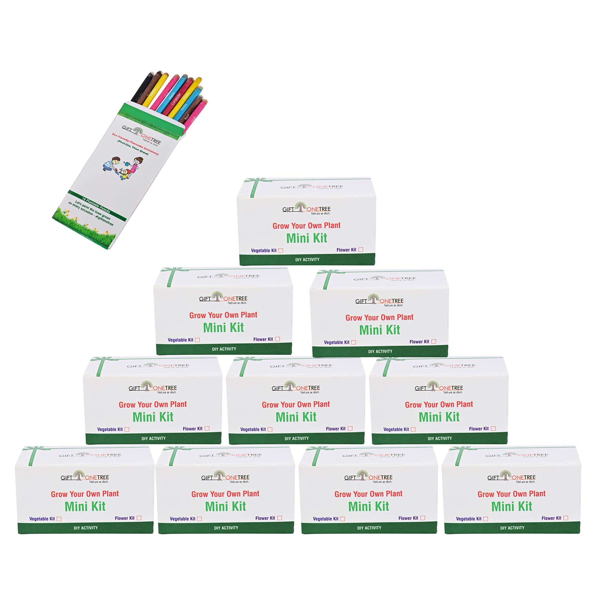 Giftonetree Grow Your Own Plant Mini Kit | 10 Seasonal Flower Mini Kit and 10 Plantable Seed Pencils | Best Return Gift For Kids Birthday Party (Seasonal Flower Mini Kit, 10, count)