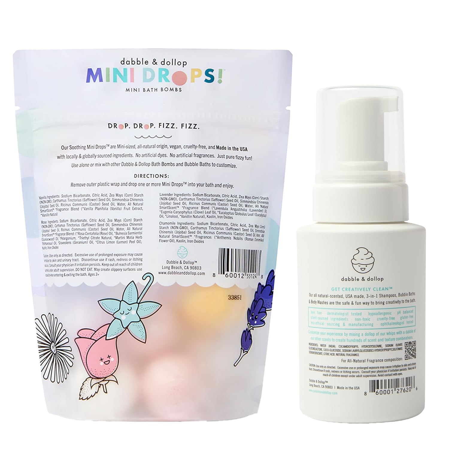 Dabble & Dollop Soothing Mini Bath Bombs & Vanilla Shampoo, Body Wash and Bubble Bath for Kids - All Natural, Resealable Pouch, Foaming Whip, Vegan, Gluten-Free, Cruelty-Free (Pack of 2)
