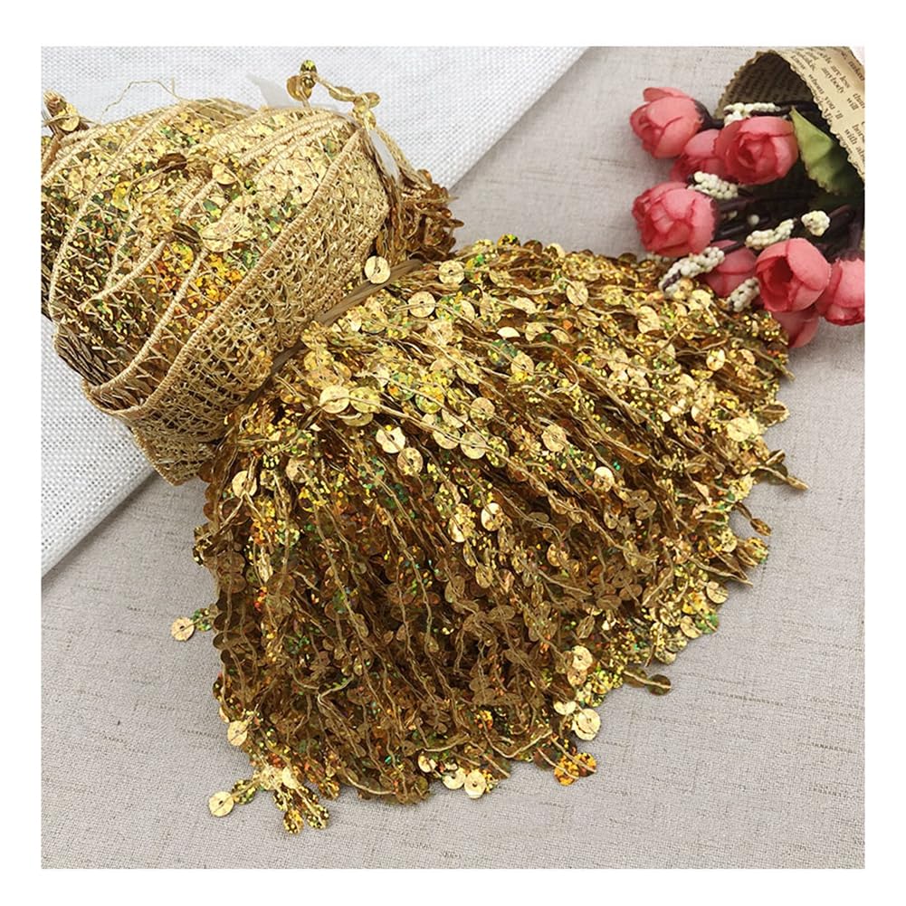 Yurosiay 5 Yard Sequin Fringe Border 16 cm Dense Sequin Trim Sparkling Laser Sequins Cut Fringe Border Glitter Fringe Ribbon Dance Fringe Trim for Sewing Gold